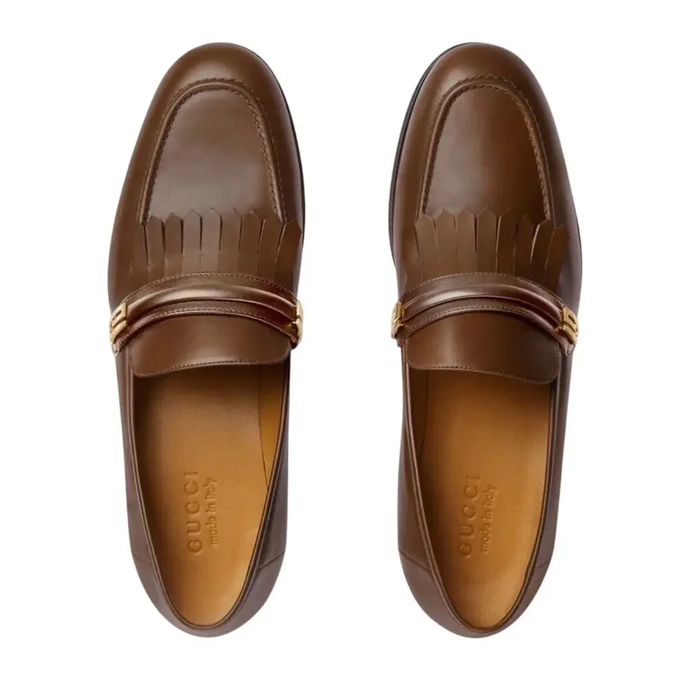 Gucci Men's Mirrored G 8.5/ US 9 Fringed Loafer Brown Italian Leather Shoe NIB